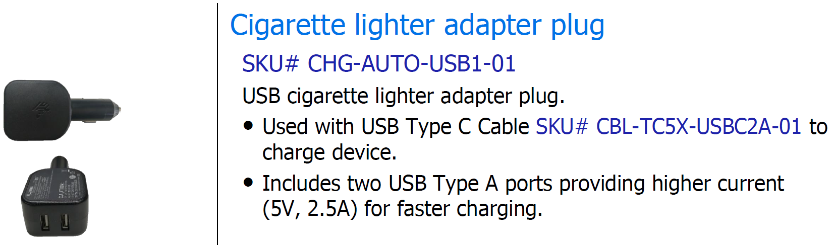 CHG-AUTO-USB1-01 - Zebra USB Cigarette Lighter Adapter Plug