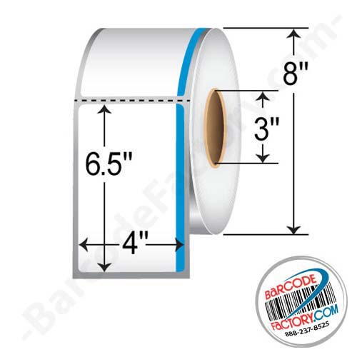 Barcodefactory 4 x 6.5 Thermal Transfer Paper Label - 0.5" Horizontal Blue Bar at Trailing Edge RTC-4-65-1000-BL