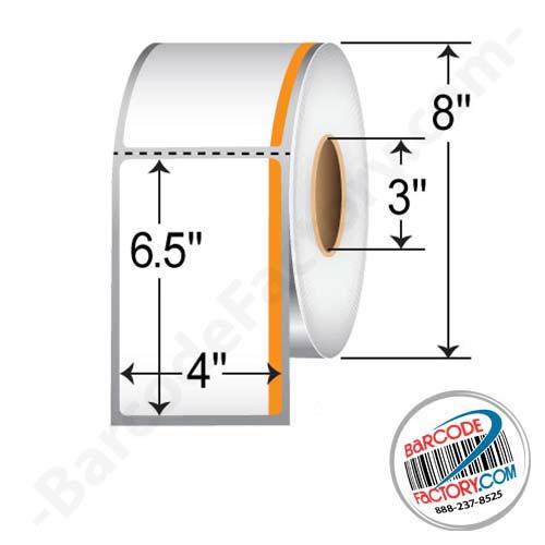 Barcodefactory 4 x 6.5 Thermal Transfer Paper Label - 0.5" Horizontal Orange Bar at Trailing Edge RTC-4-65-1000-OR
