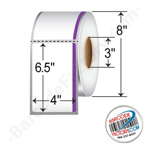 Barcodefactory 4 x 6.5 Thermal Transfer Paper Label - 0.5" Horizontal Violet Bar at Trailing Edge RTC-4-65-1000-PU