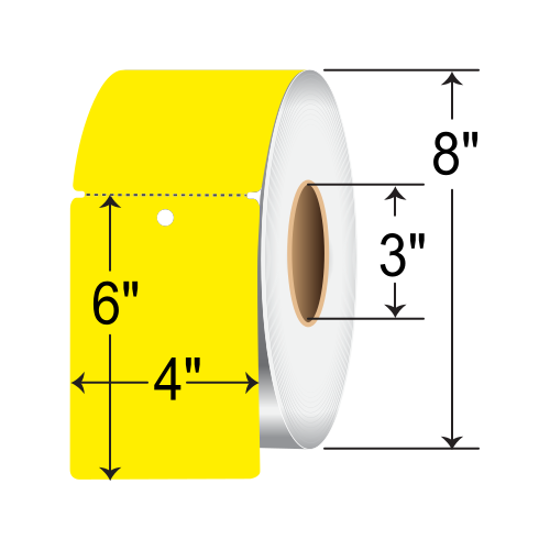 Barcodefactory Labels 4x6 Polyester TT Tag [Perforated, Notched, Punch Hole, Yellow] BAR-4X6-TAG-YL