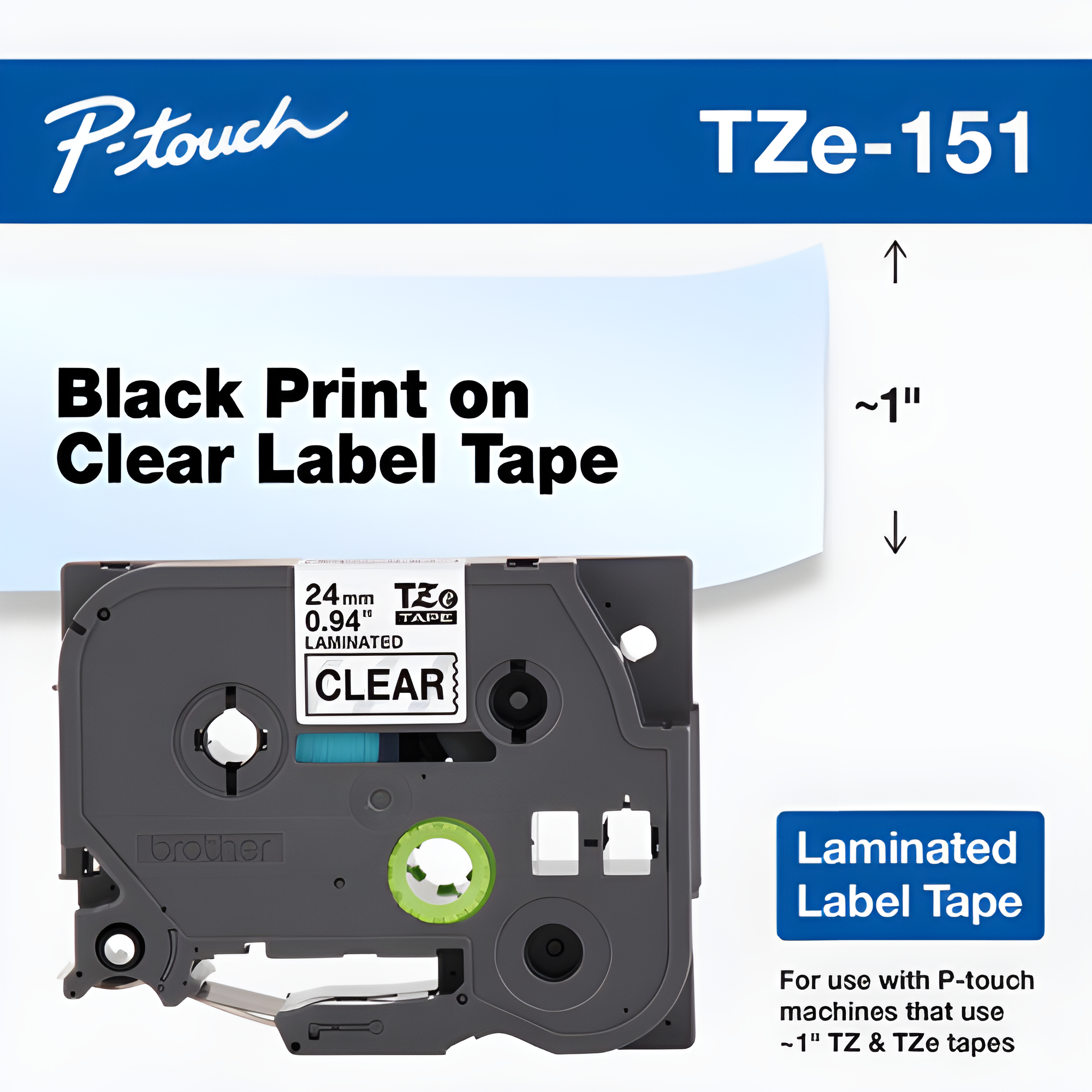 Brother 0.94" x 26.2' Laminated Tape Cartridge TZE151G
