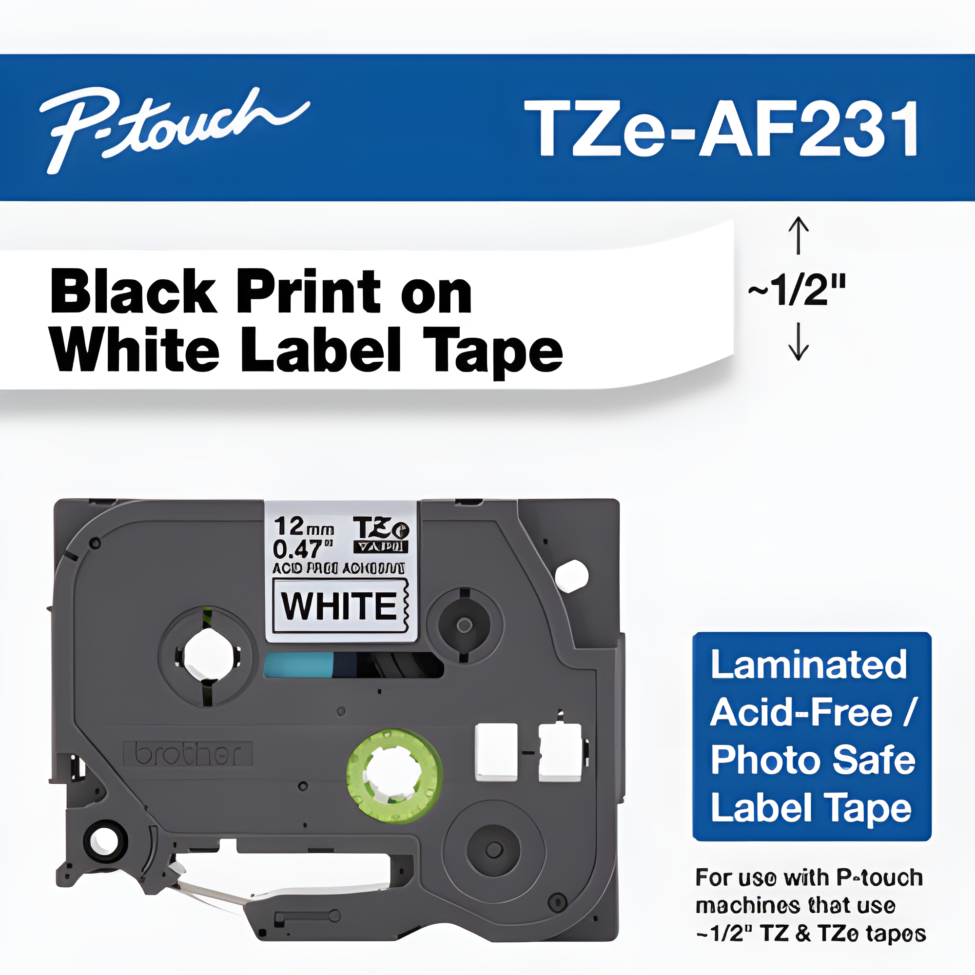 Brother Mobile 0.47" x 26.2' Laminated Tape Cartridge TZEAF231G