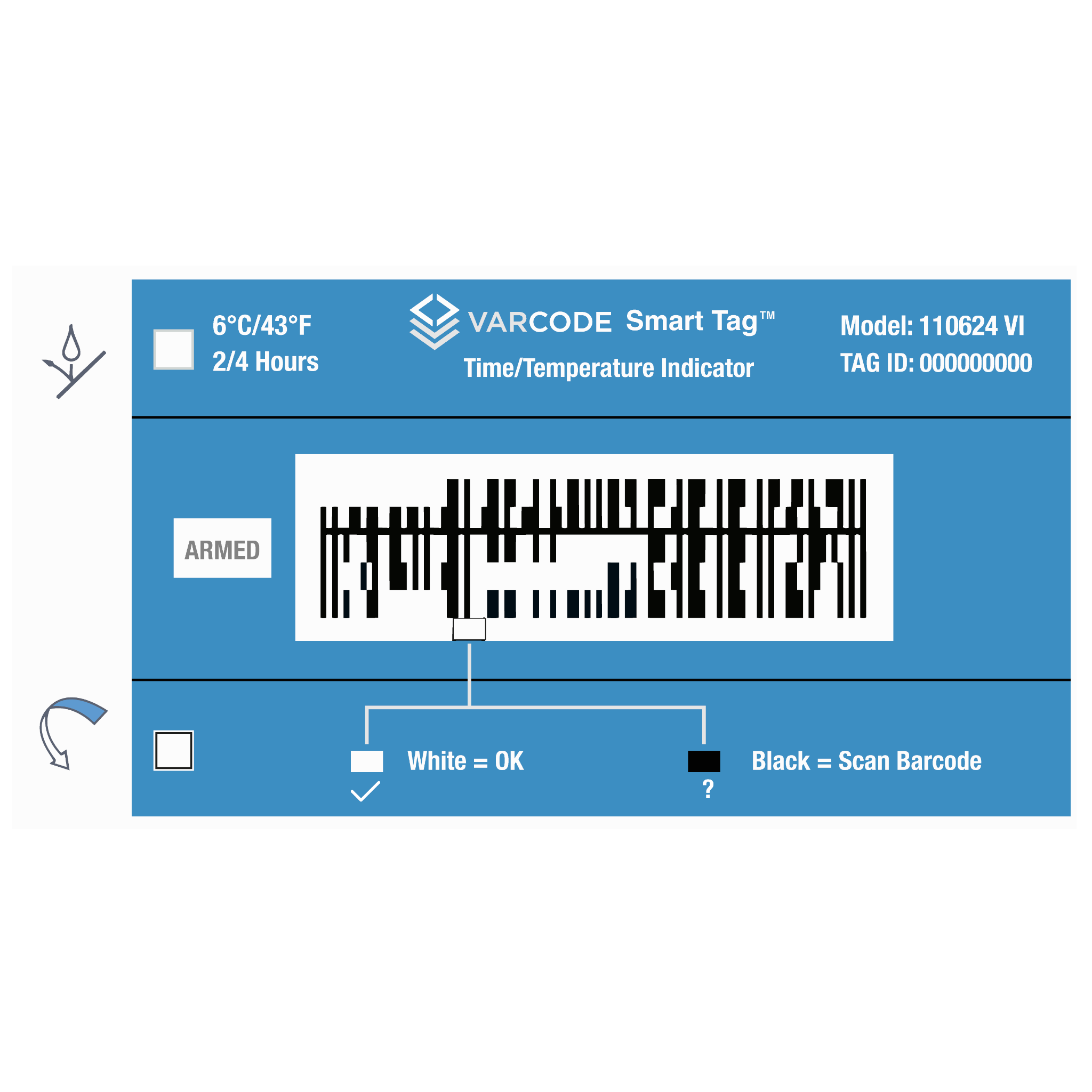 Varcode Smart Tag [43°F/6°C, 2/4Hours, w/ Visual Indicator] 110624-VI