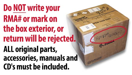 Return box specifiying to not write on the box and to include all original parts, packaging materials, and CDs.