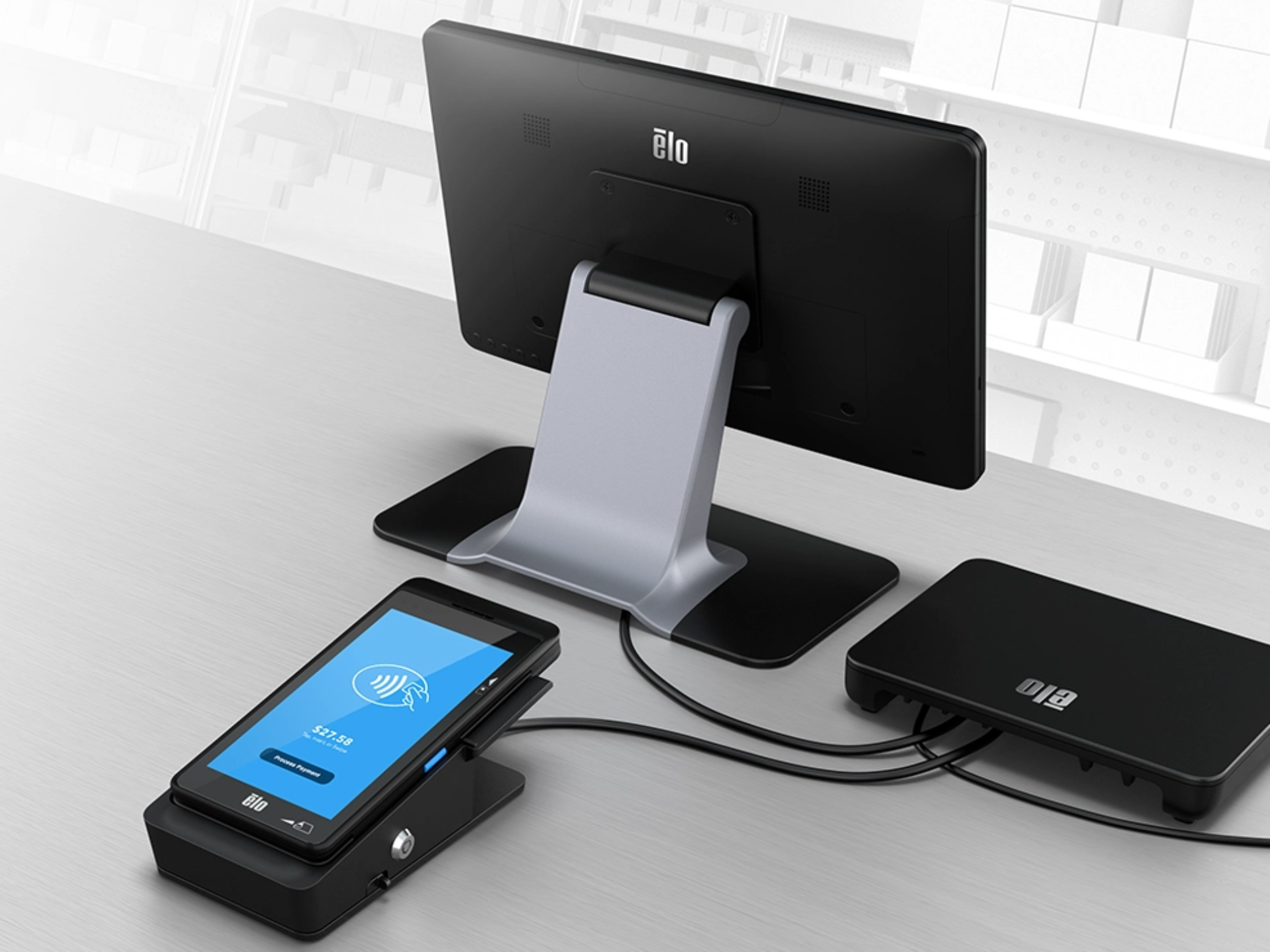 POS workstation with connected peripherals and accessories