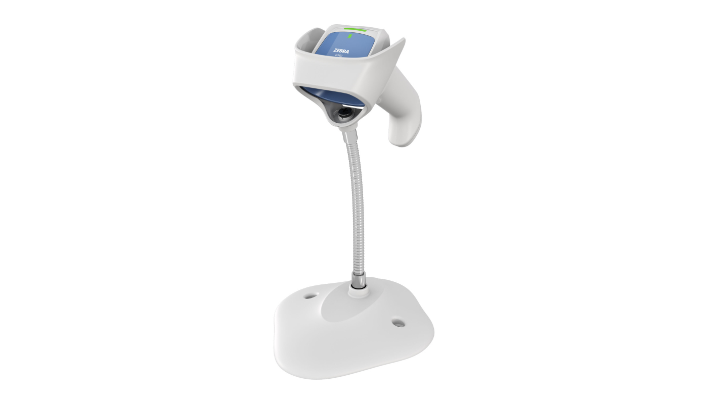 Zebra DS82-HC Series healthcare scanner front view with stand